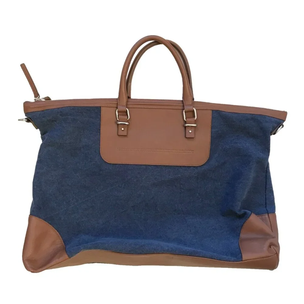 Eleventy Canvas Leather Travel Tote Bag Mens Navy Blue Brown Commuter Top Zipper